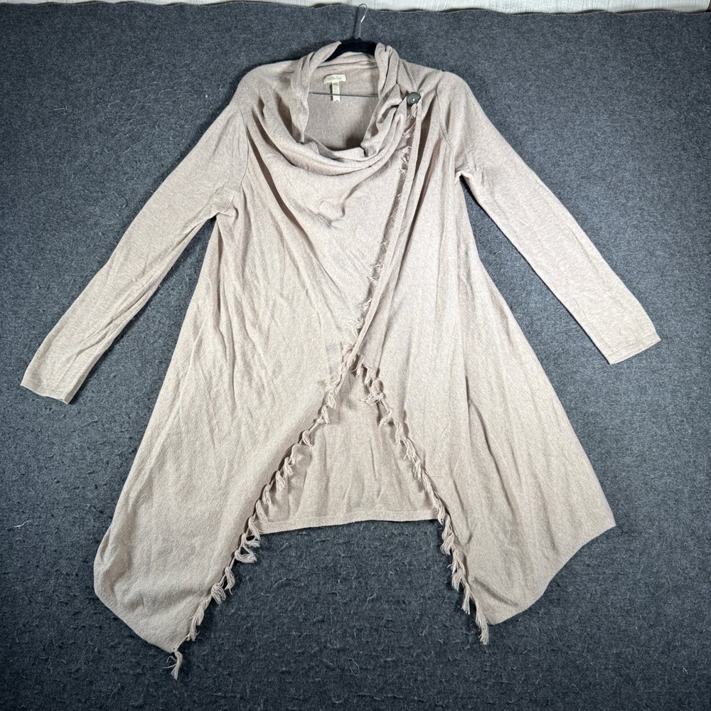 Matilda Jane Women Beige Draped Cowl Neck Fringe Trim Cardigan Sweater Size M